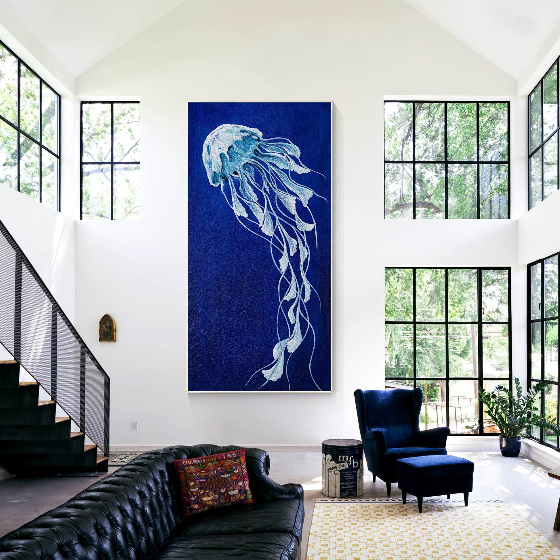 Blue Jellyfish Painting on Canvas, Long Vertical Ocean Wall Art, Marine Life Abs #4