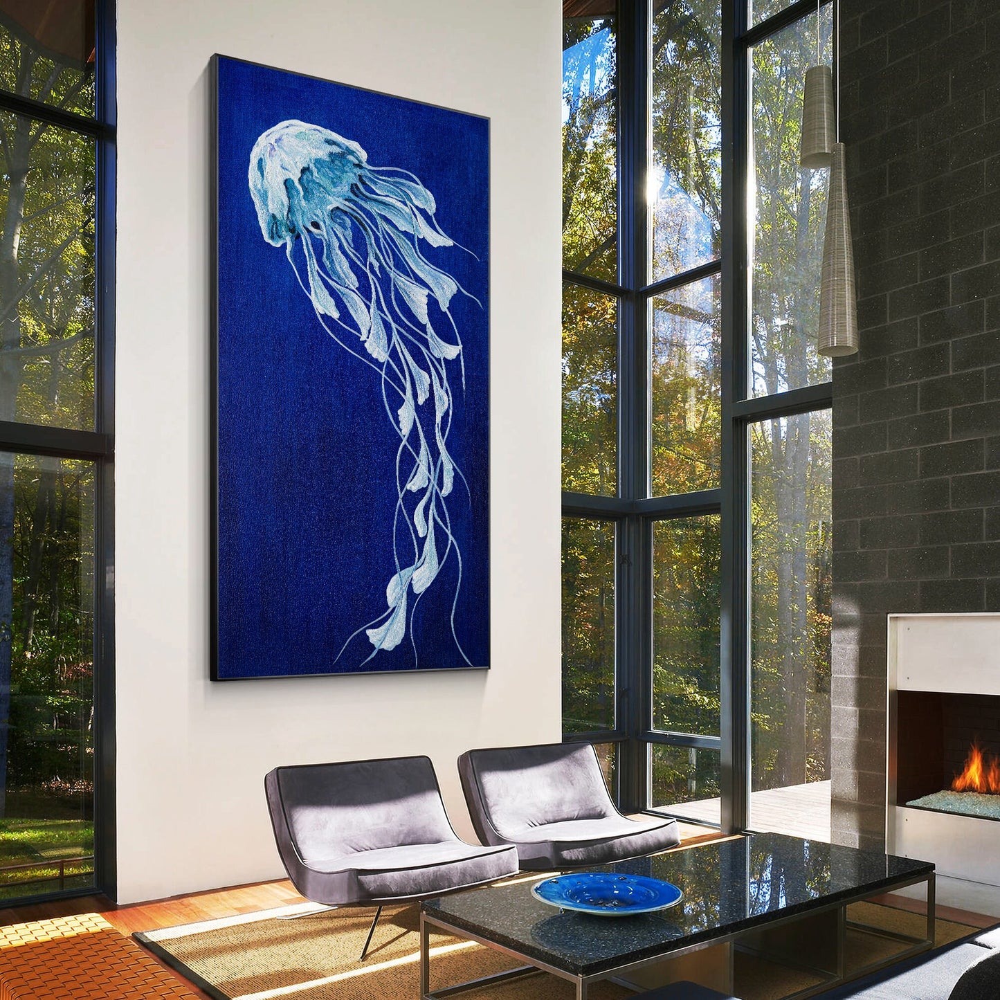 Blue Jellyfish Painting on Canvas, Long Vertical Ocean Wall Art, Marine Life Abs #5