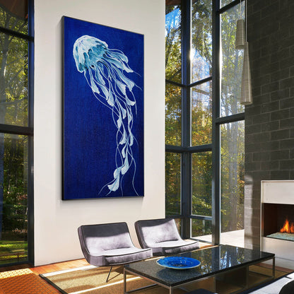Blue Jellyfish Painting on Canvas, Long Vertical Ocean Wall Art, Marine Life Abs #5