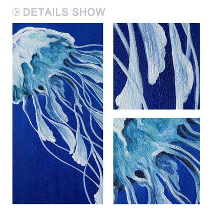 Blue Jellyfish Painting on Canvas, Long Vertical Ocean Wall Art, Marine Life Abs #6