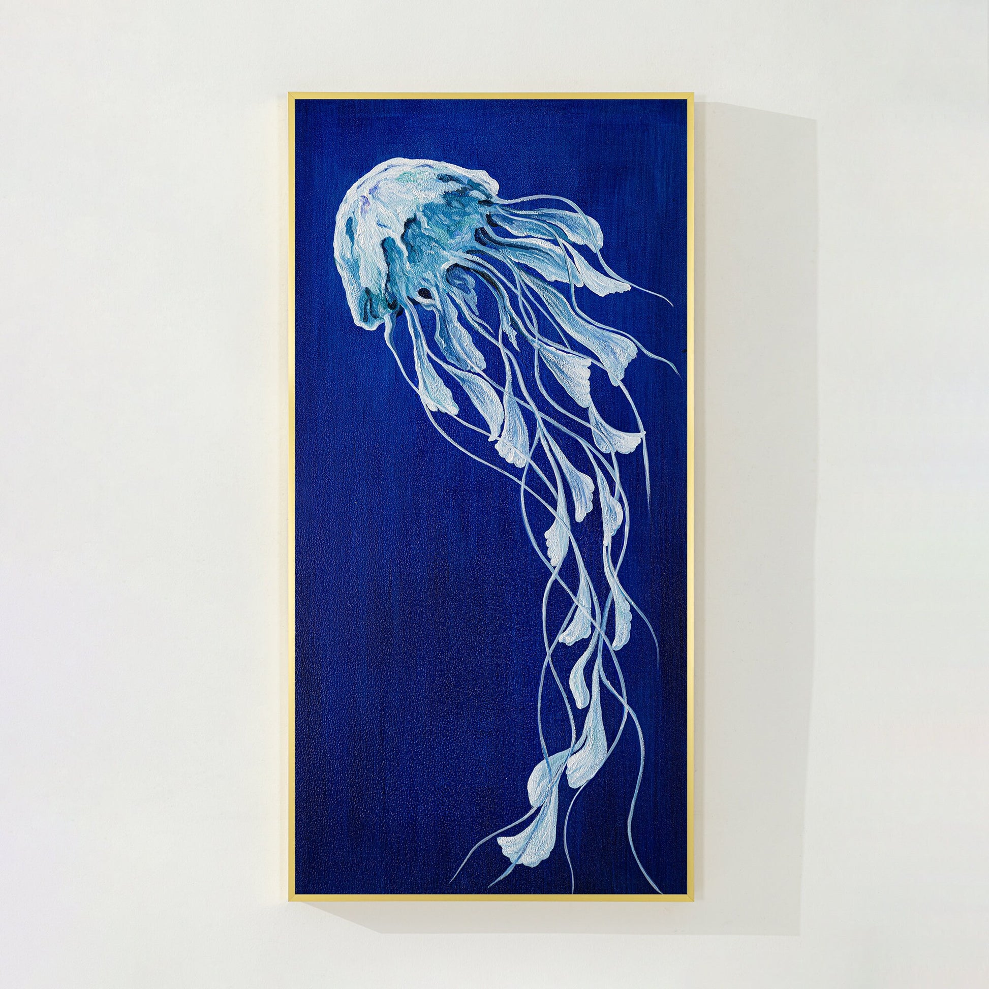 Blue Jellyfish Painting on Canvas, Long Vertical Ocean Wall Art, Marine Life Abs #8