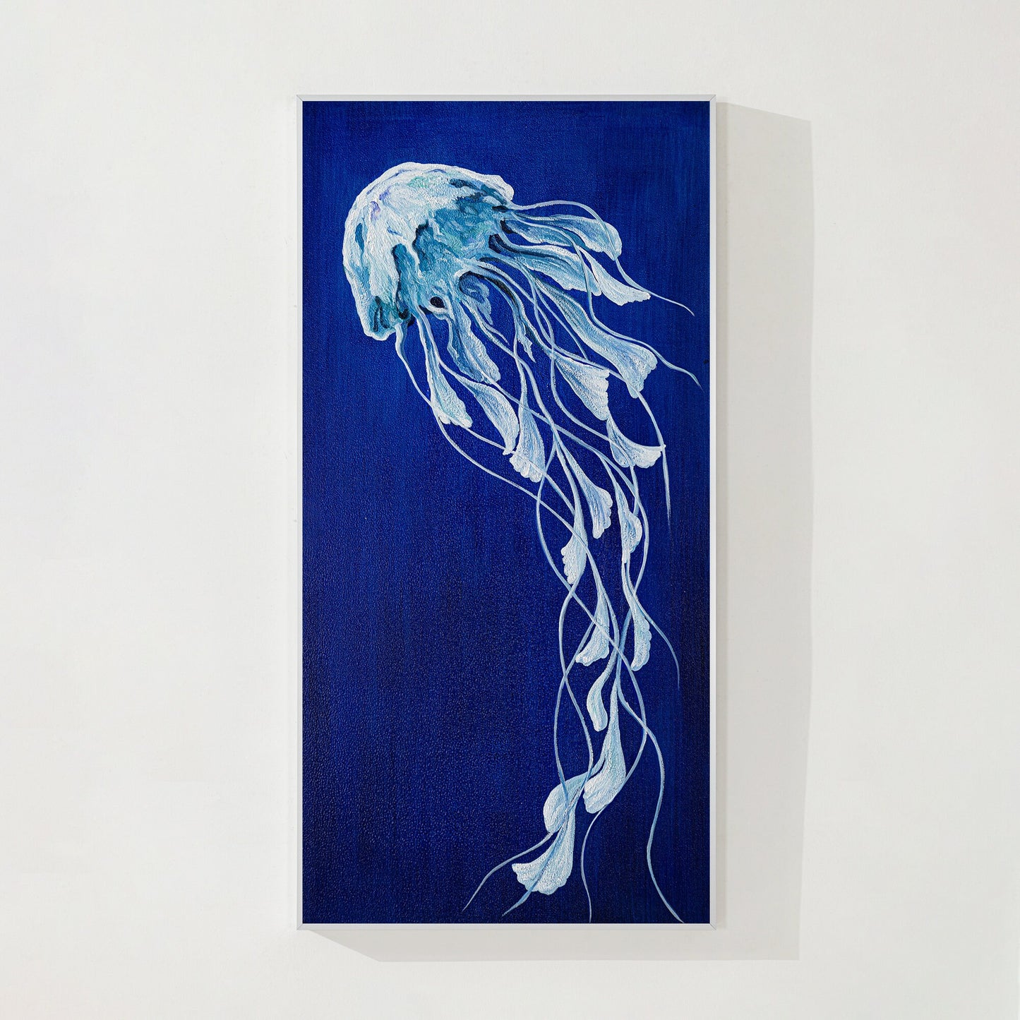 Blue Jellyfish Painting on Canvas, Long Vertical Ocean Wall Art, Marine Life Abs #9