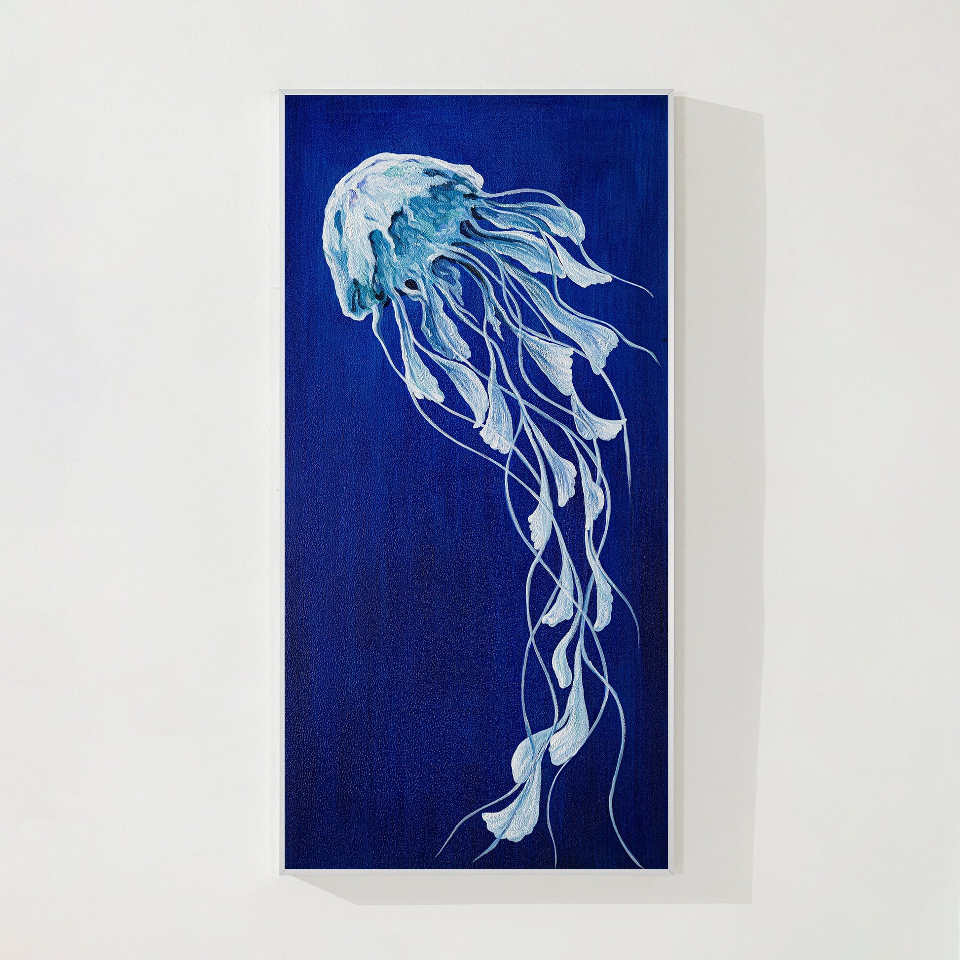 Blue Jellyfish Painting on Canvas, Long Vertical Ocean Wall Art, Marine Life Abs #9