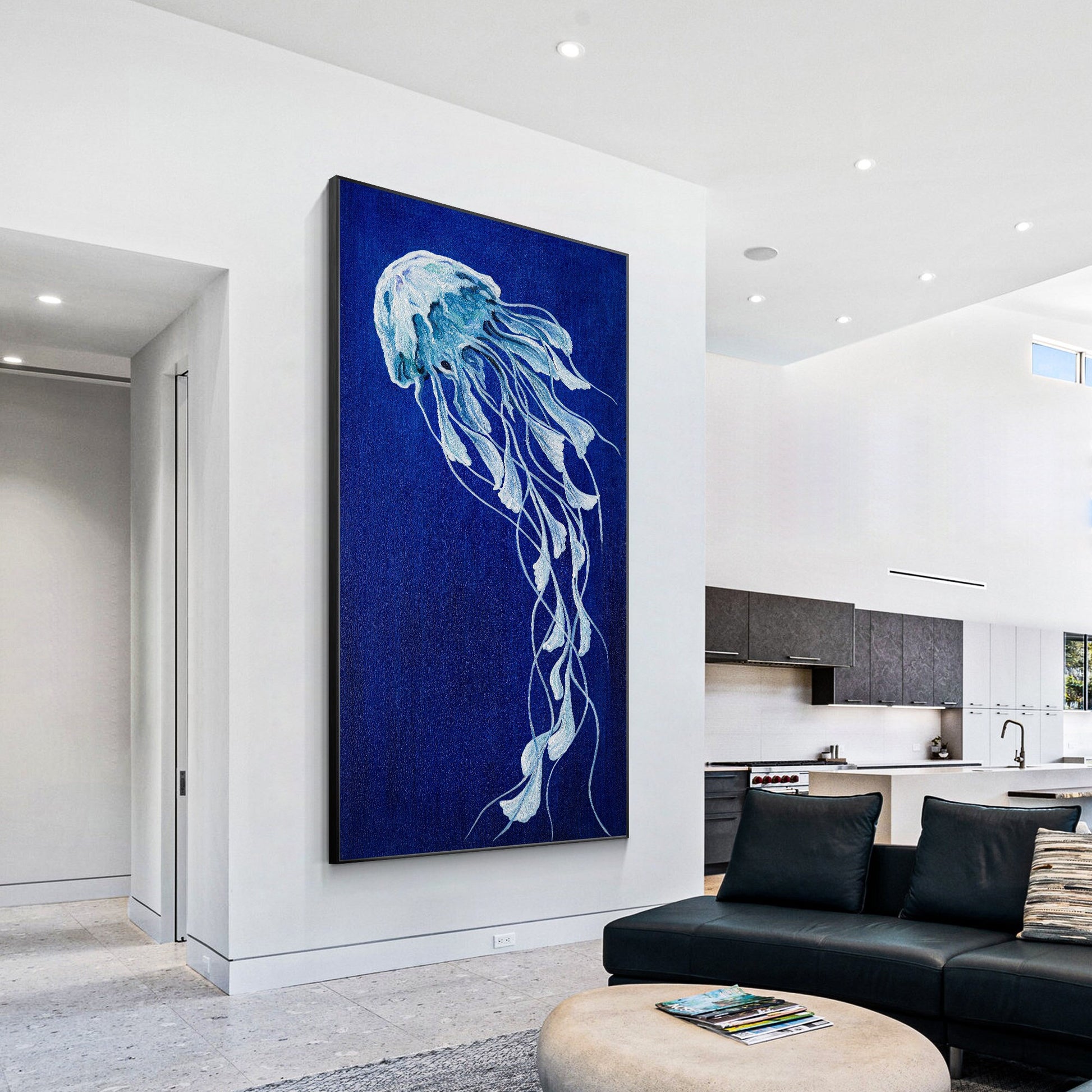 Blue Jellyfish Painting on Canvas, Long Vertical Ocean Wall Art, Marine Life Abs #1