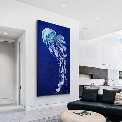 Blue Jellyfish Painting on Canvas, Long Vertical Ocean Wall Art, Marine Life Abs #1
