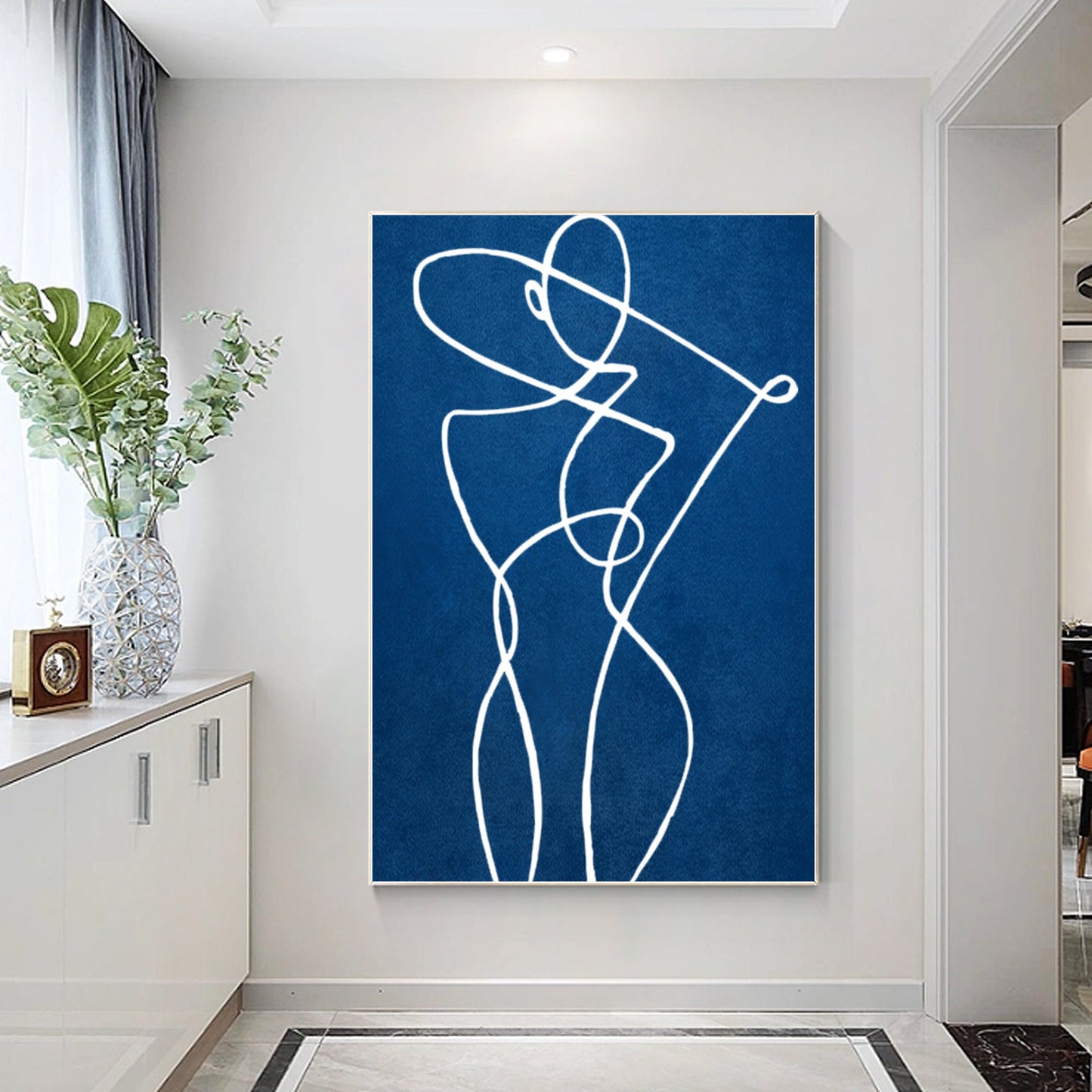 Blue Minimalist Stick Figure Painting: Large Vertical Canvas Art #2