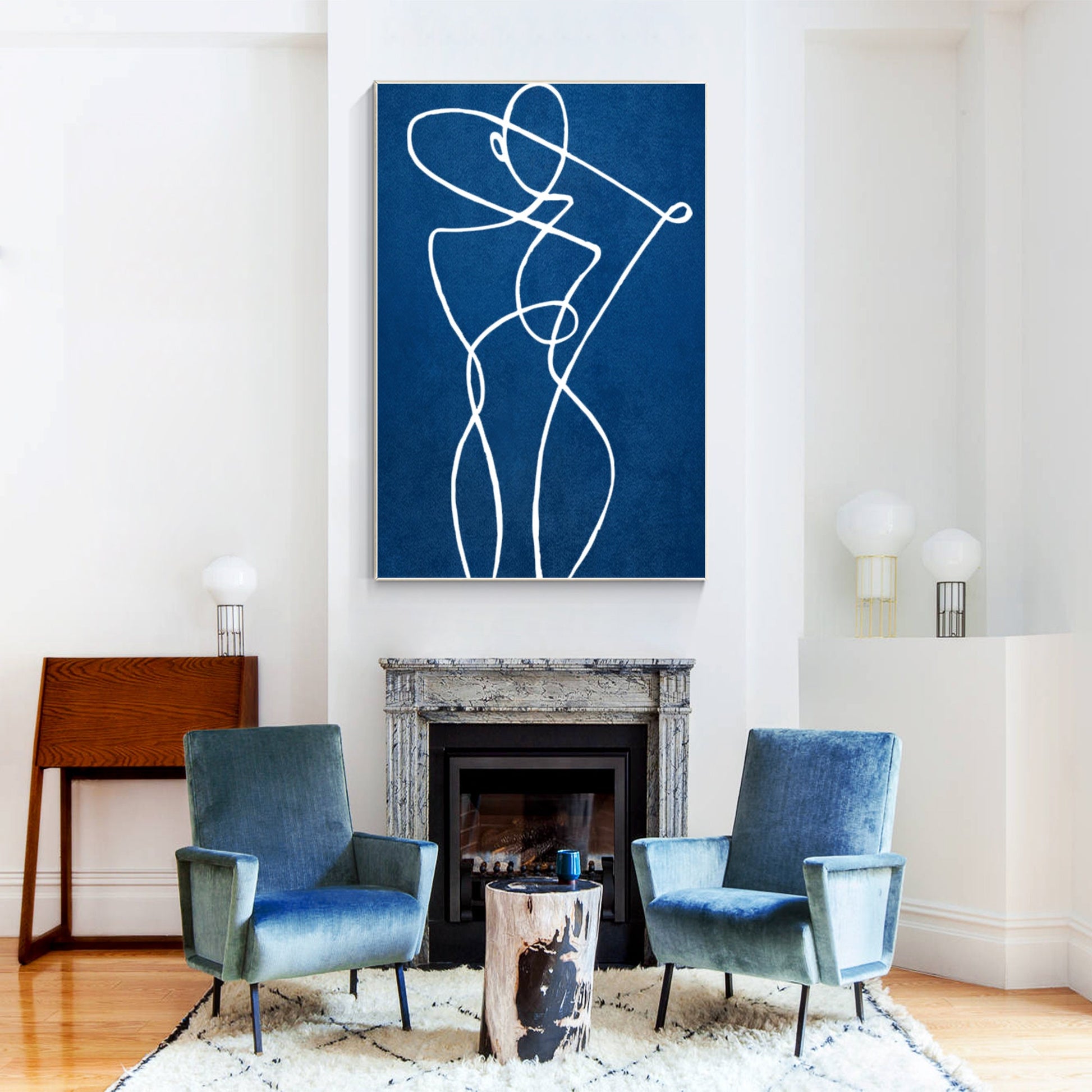 Blue Minimalist Stick Figure Painting: Large Vertical Canvas Art #3