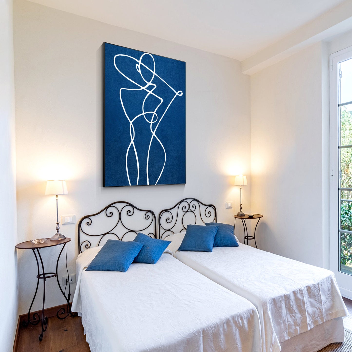 Blue Minimalist Stick Figure Painting: Large Vertical Canvas Art #4