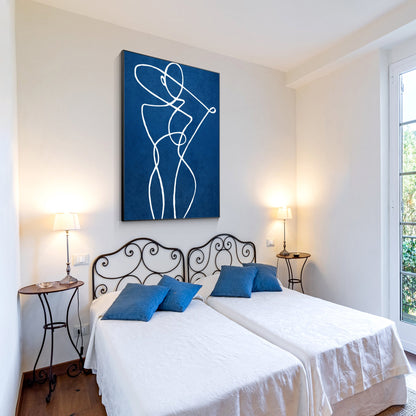 Blue Minimalist Stick Figure Painting: Large Vertical Canvas Art #4
