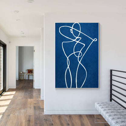 Blue Minimalist Stick Figure Painting: Large Vertical Canvas Art #5