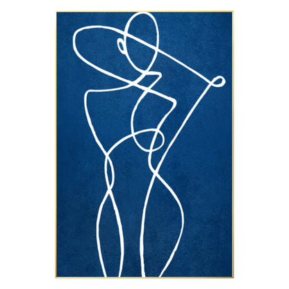 Blue Minimalist Stick Figure Painting: Large Vertical Canvas Art #7