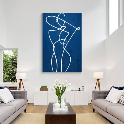 Blue Minimalist Stick Figure Painting: Large Vertical Canvas Art #1