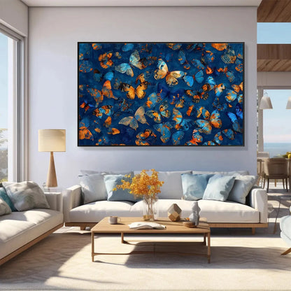 BLUE MORPHO WALTZ: Blue & Gold Butterfly Oil Painting on Canvas | Illustrative closeup, raised brushwork detail