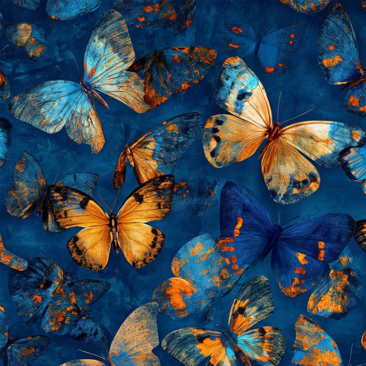 BLUE MORPHO WALTZ: Blue & Gold Butterfly Oil Painting on Canvas | rectangular format, hand-painted canvas edge