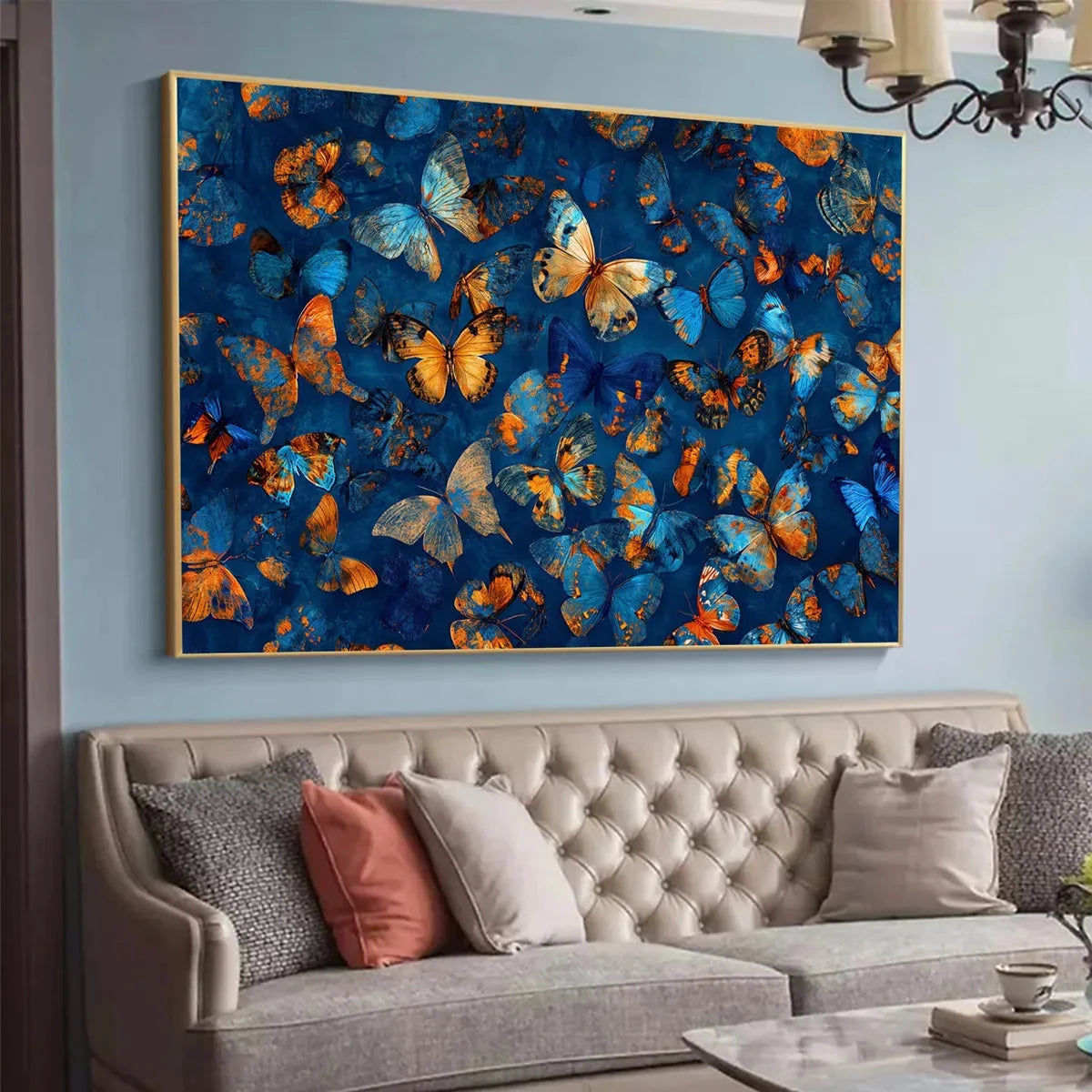 BLUE MORPHO WALTZ: Blue & Gold Butterfly Oil Painting on Canvas | gold frame stretched on neutral wall