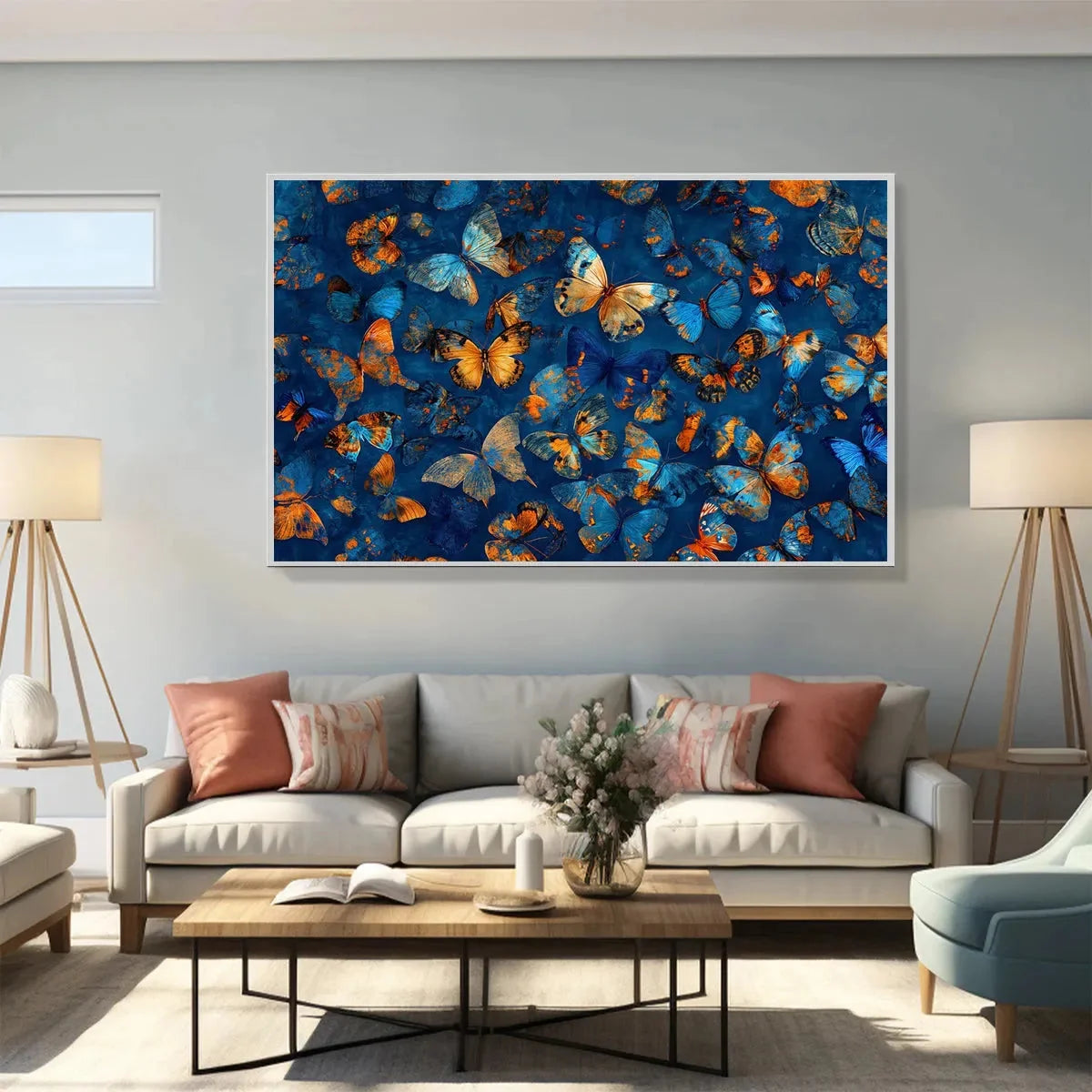 BLUE MORPHO WALTZ: Blue & Gold Butterfly Oil Painting on Canvas | rolled canvas, ready for custom framing