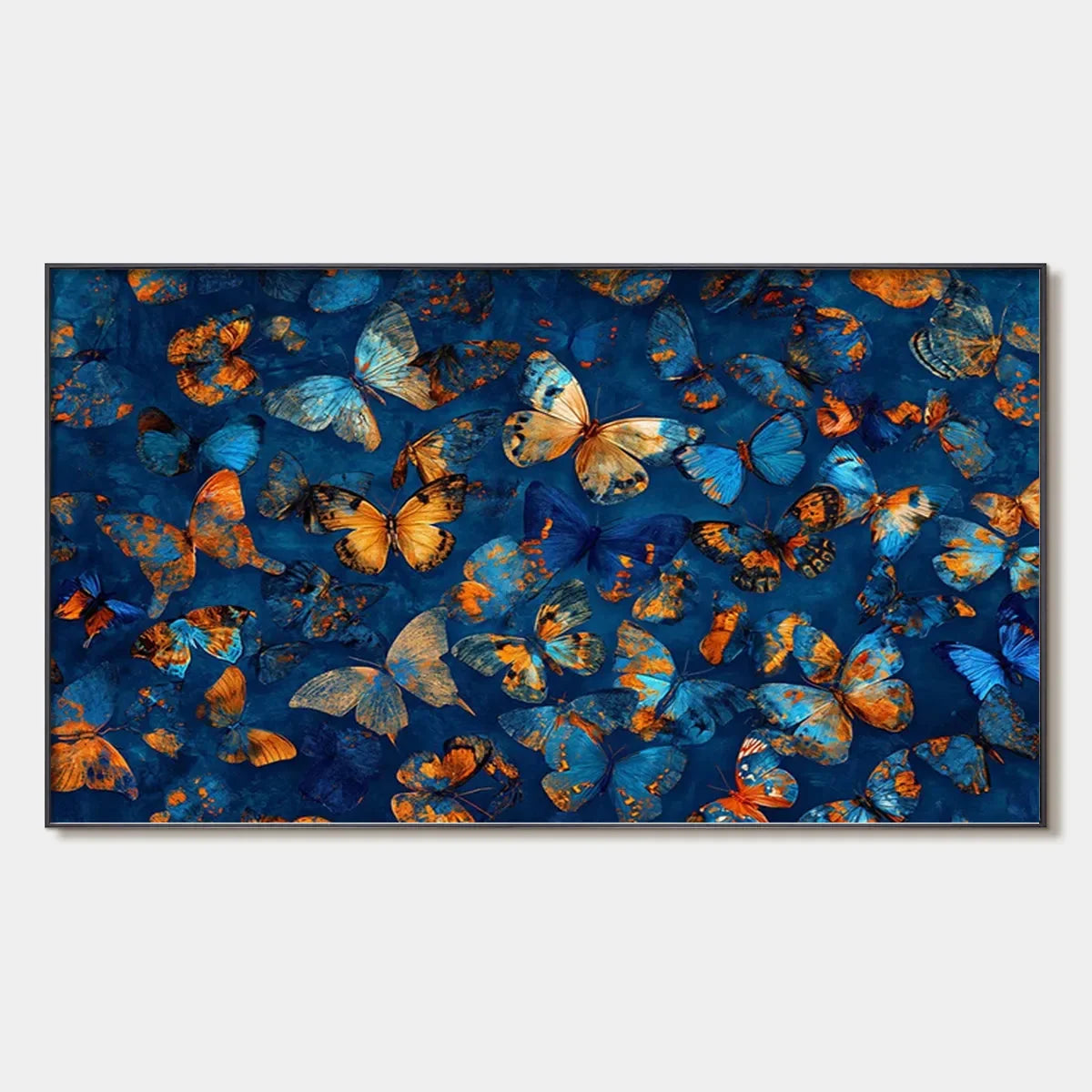 BLUE MORPHO WALTZ: Blue & Gold Butterfly Oil Painting on Canvas | hanging in Detailed oil painting of blue morpho butterflies in gold and sapphire tones; painterly wing patterns evoke a graceful wa...