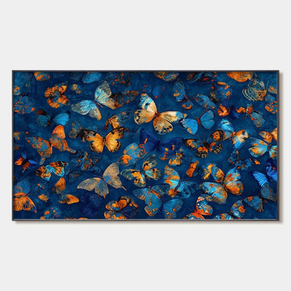 BLUE MORPHO WALTZ: Blue & Gold Butterfly Oil Painting on Canvas | hanging in Detailed oil painting of blue morpho butterflies in gold and sapphire tones; painterly wing patterns evoke a graceful wa...
