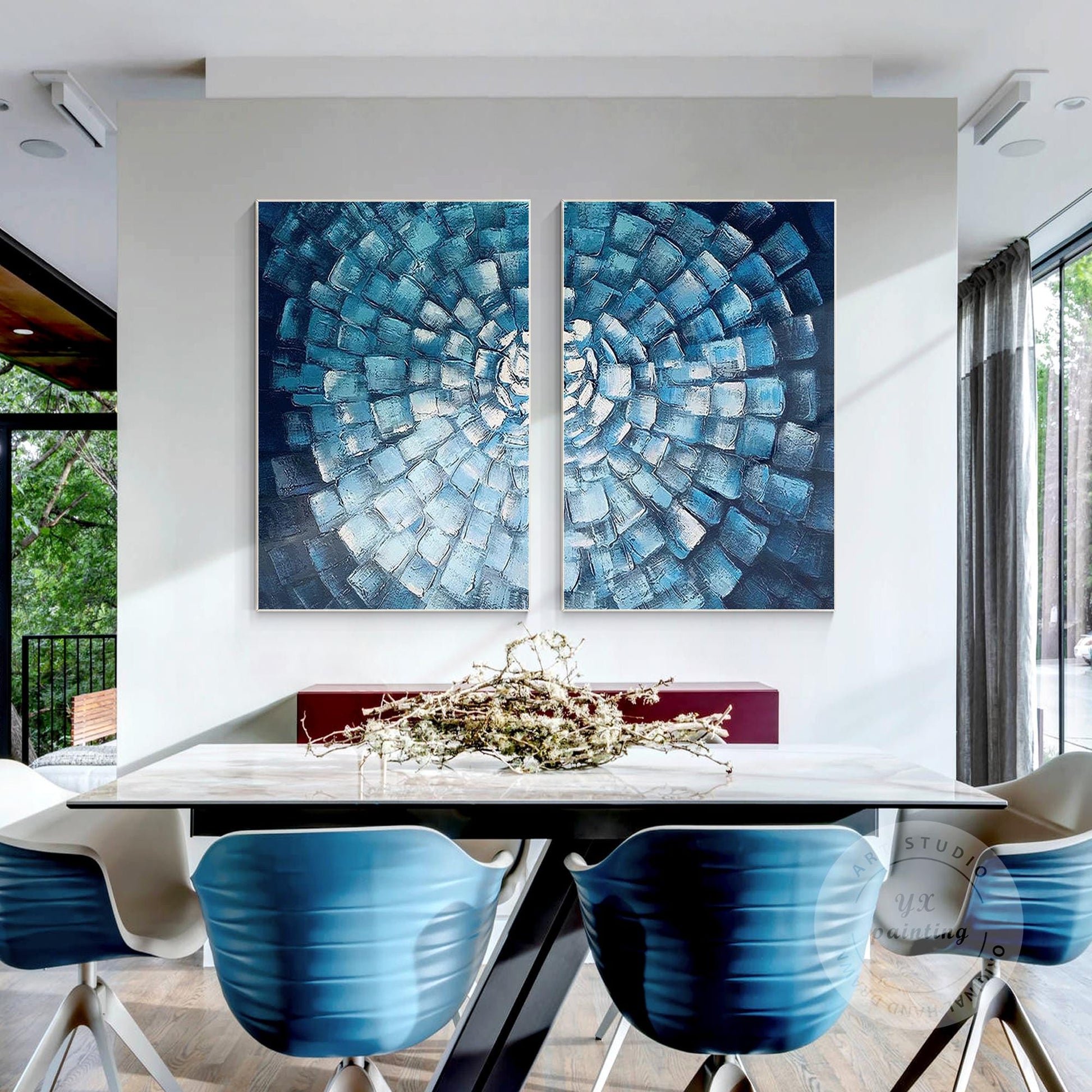 Blue Mosaic Abstract Painting Set: Textured Geometric Wall Art #3