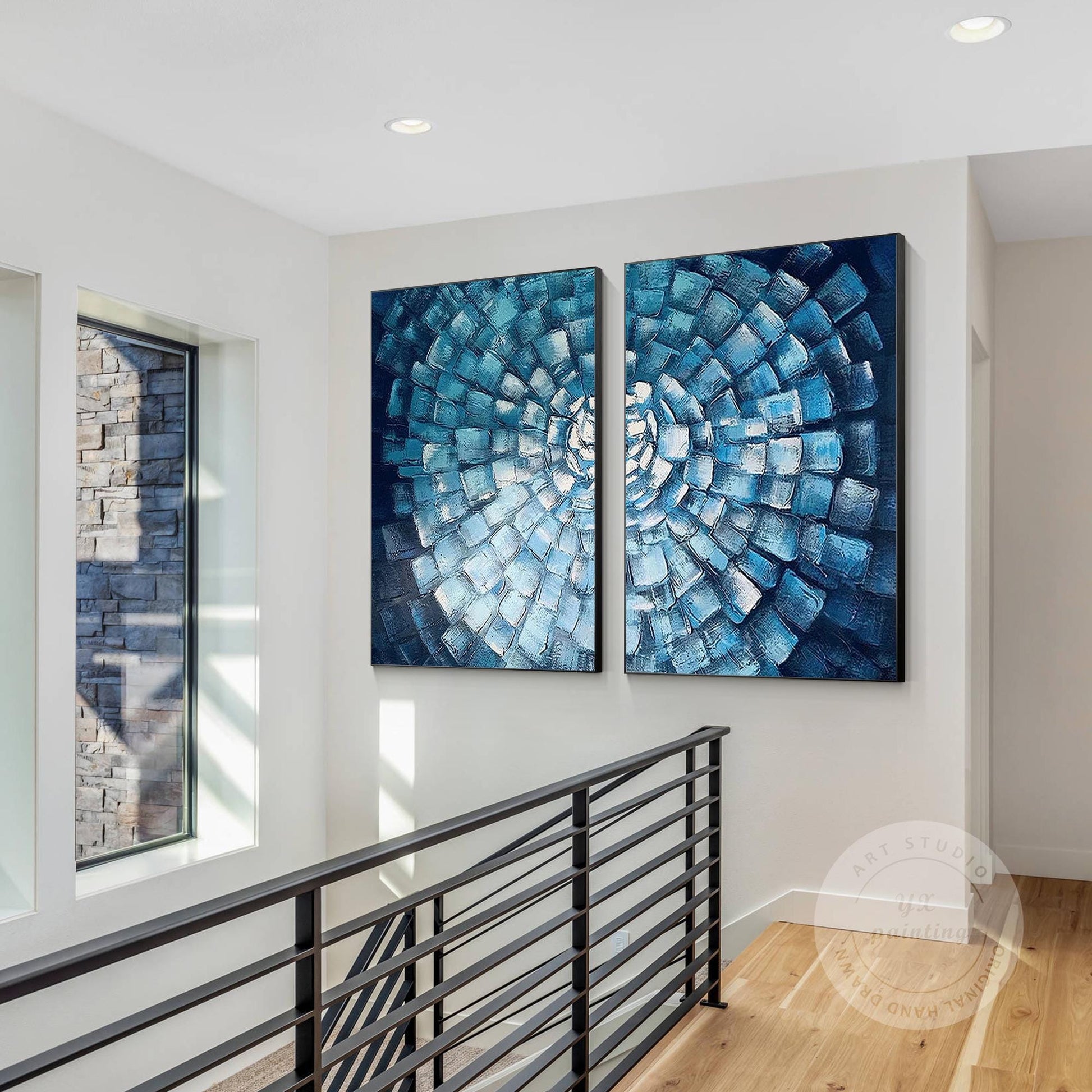 Blue Mosaic Abstract Painting Set: Textured Geometric Wall Art #4