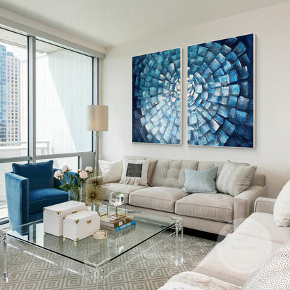 Blue Mosaic Abstract Painting Set: Textured Geometric Wall Art #1