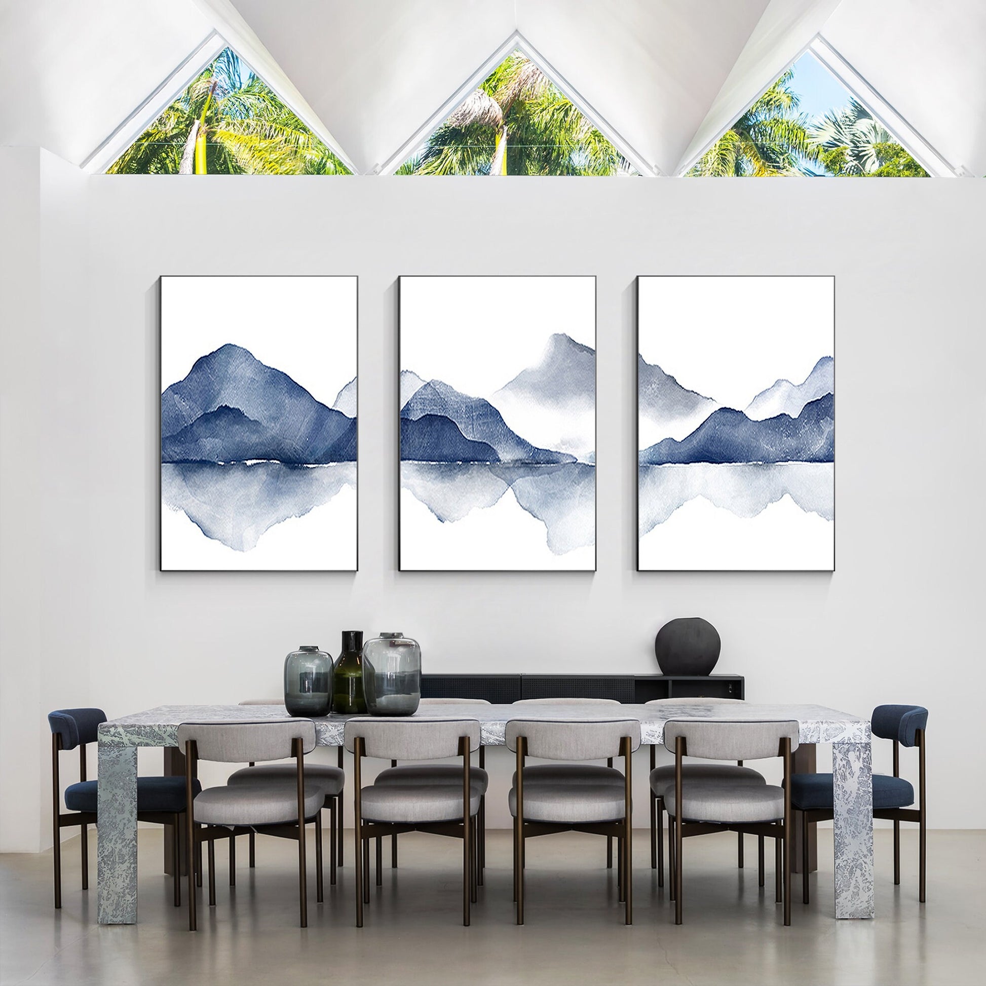 Blue Mountain Watercolor Painting: Set of 3 Abstract Landscape Canvas Art #2