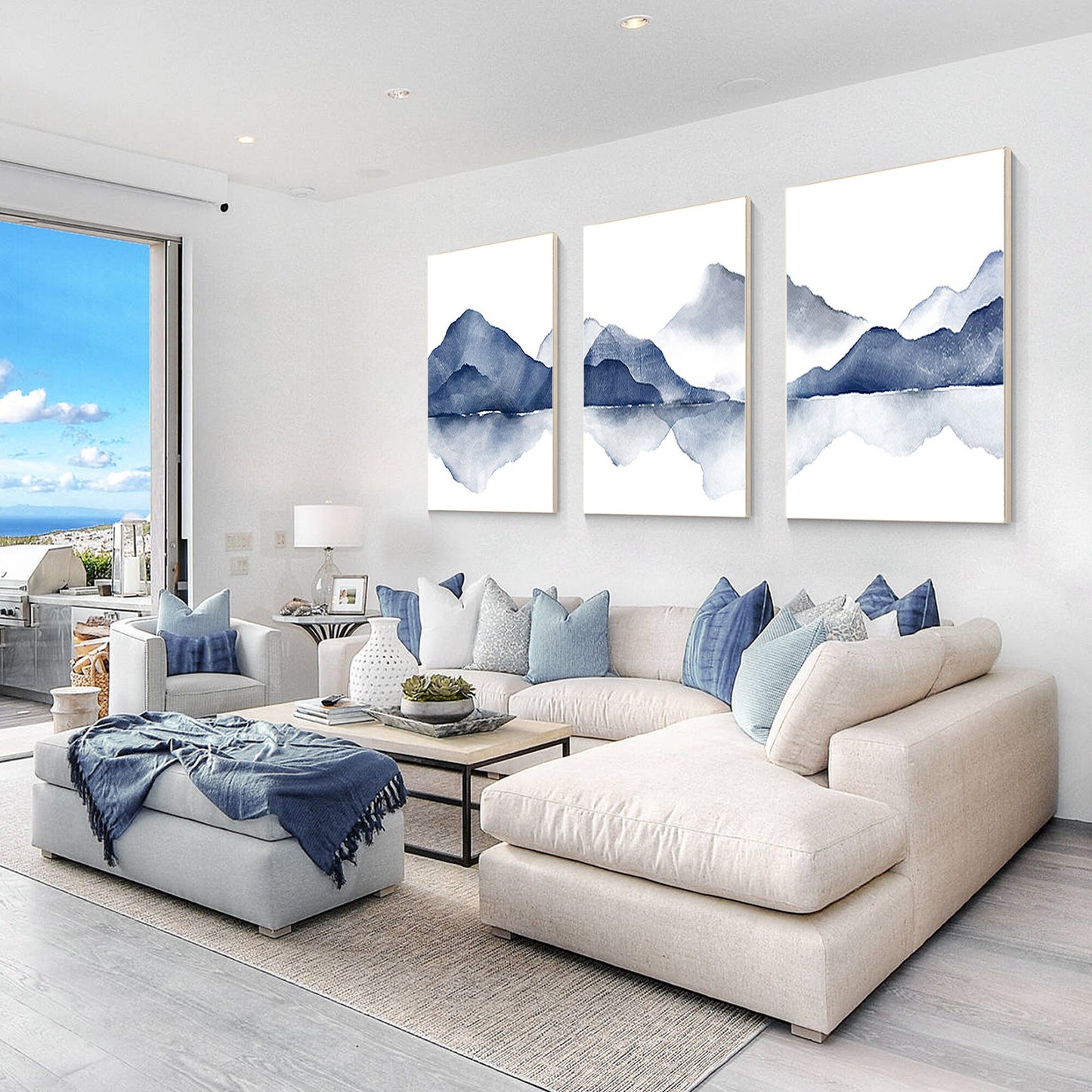 Blue Mountain Watercolor Painting: Set of 3 Abstract Landscape Canvas Art #3