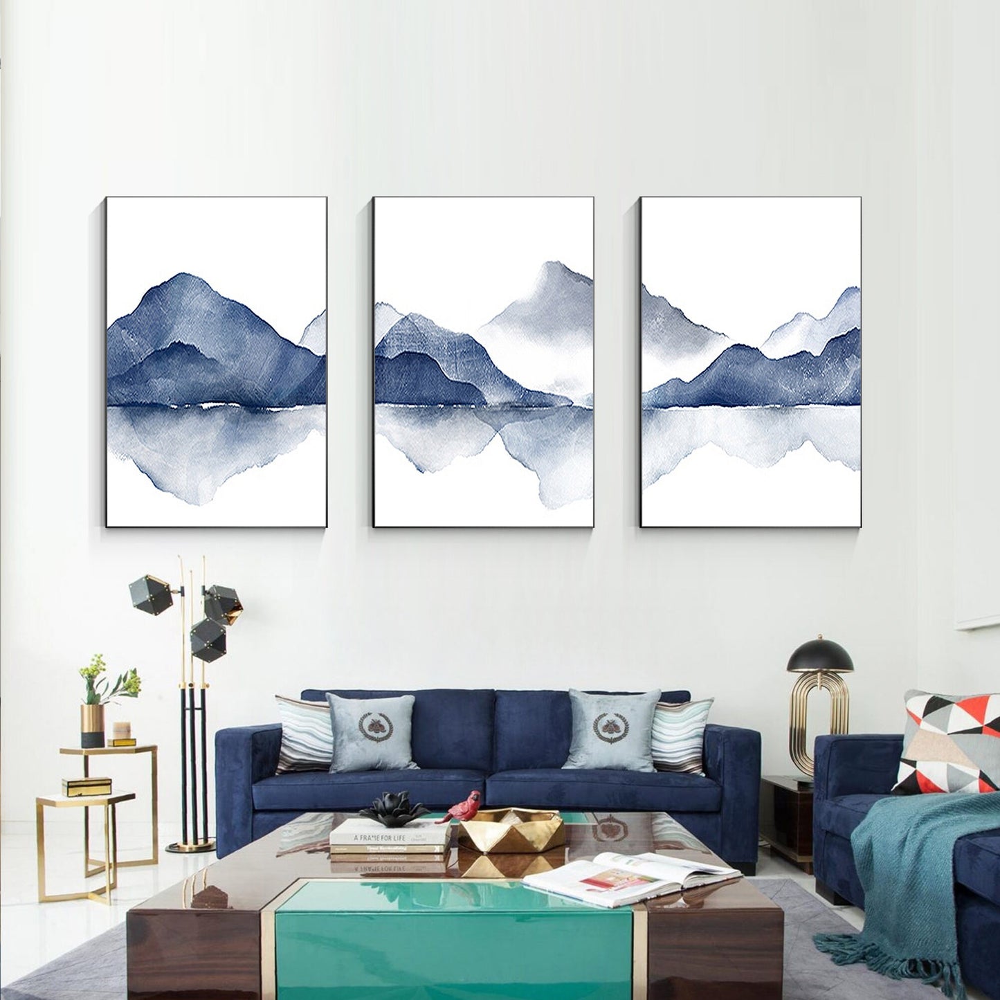 Blue Mountain Watercolor Painting: Set of 3 Abstract Landscape Canvas Art #5