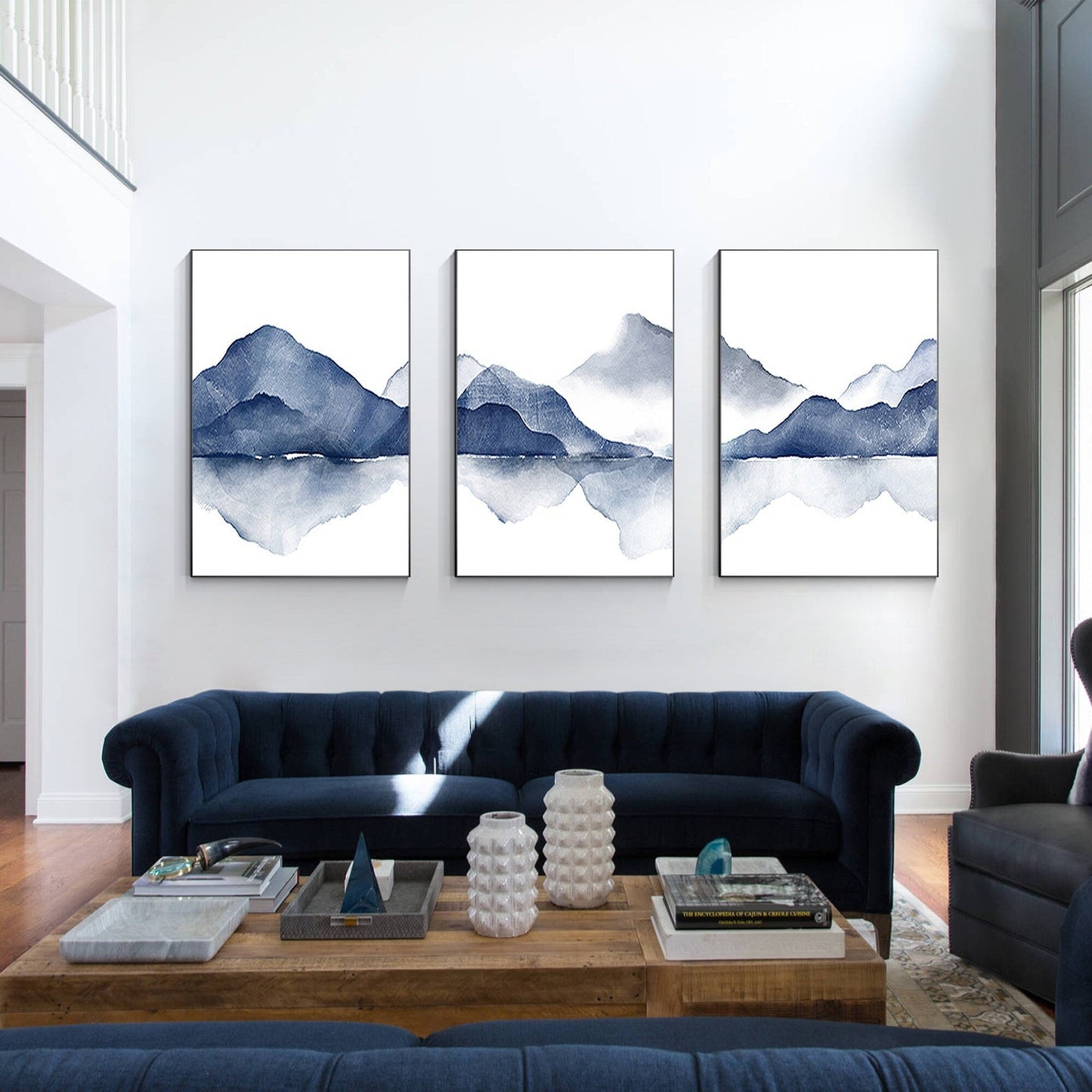 Blue Mountain Watercolor Painting: Set of 3 Abstract Landscape Canvas Art #1
