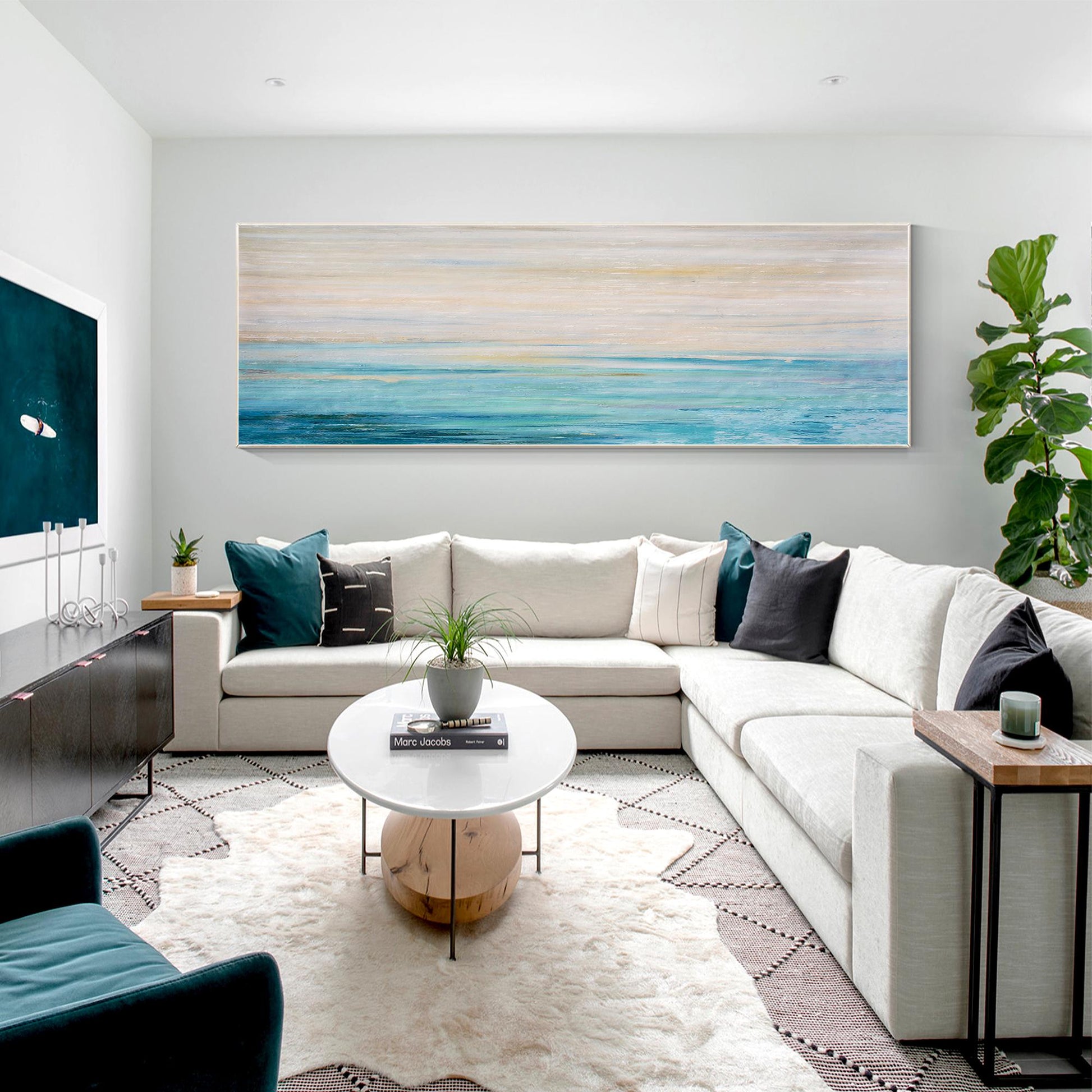 Blue Ocean Abstract Painting, Long Horizontal Seascape Canvas Wall Art, Textured #3