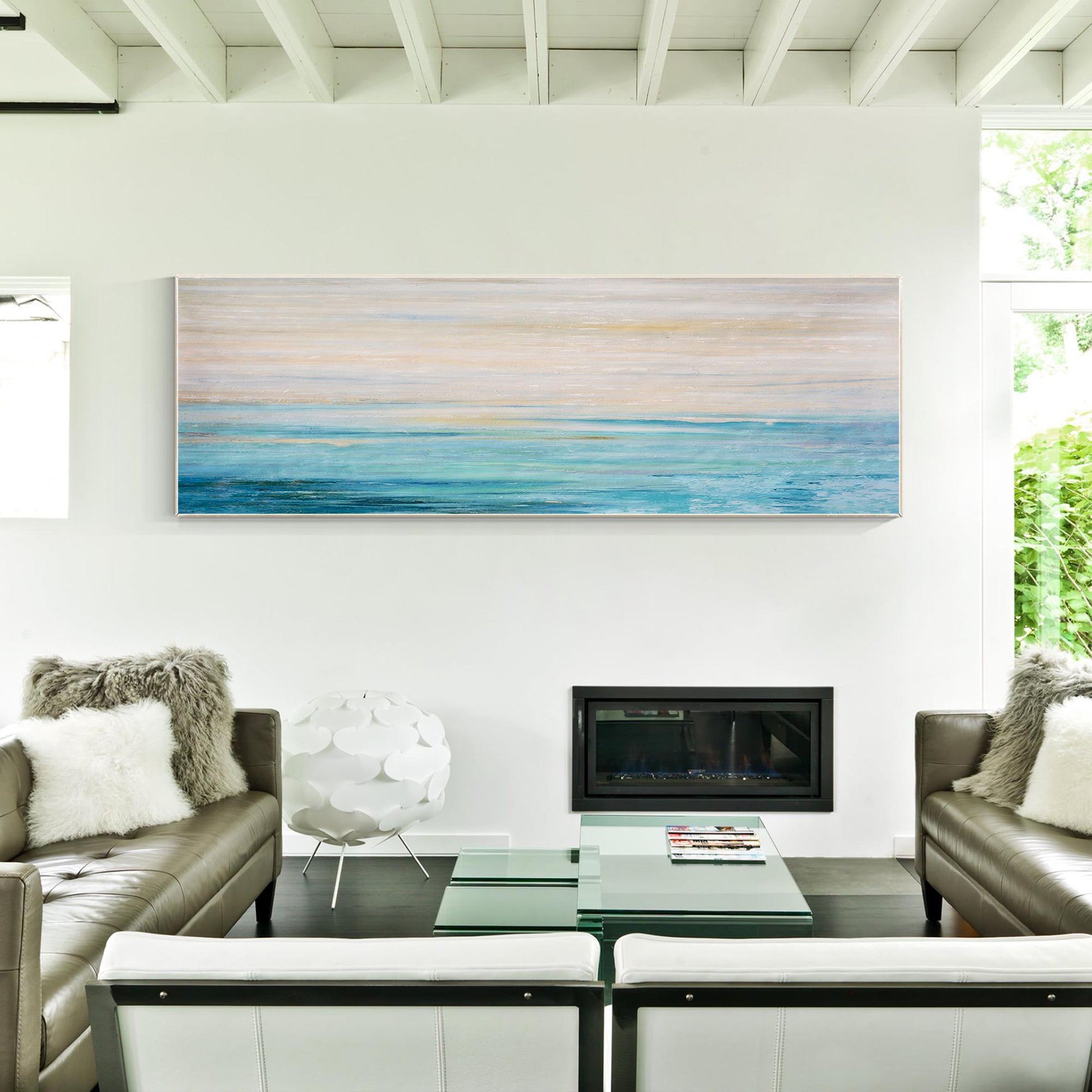 Blue Ocean Abstract Painting, Long Horizontal Seascape Canvas Wall Art, Textured #5