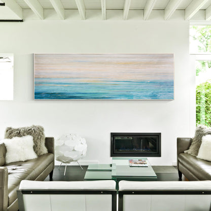 Blue Ocean Abstract Painting, Long Horizontal Seascape Canvas Wall Art, Textured #5