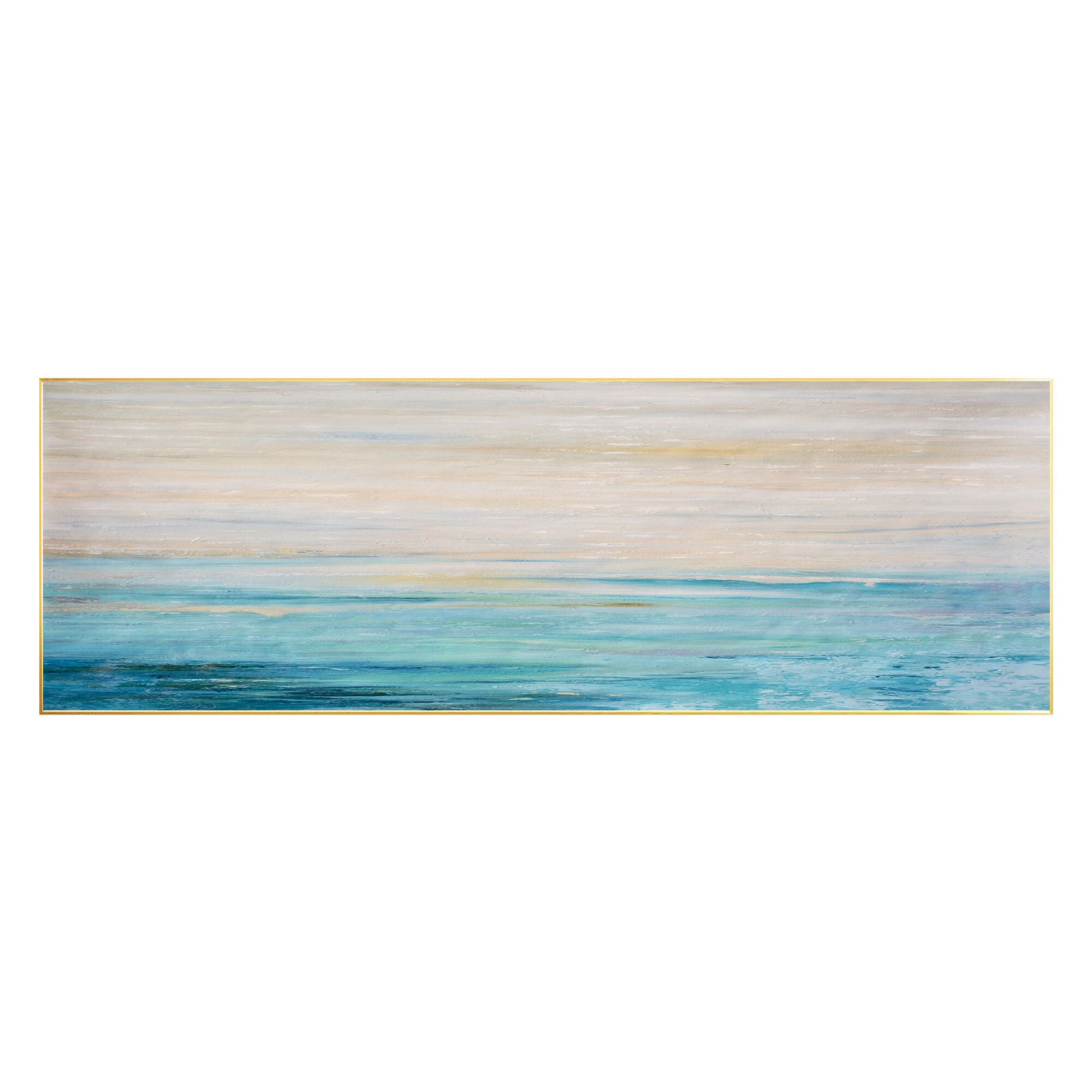 Blue Ocean Abstract Painting, Long Horizontal Seascape Canvas Wall Art, Textured #8