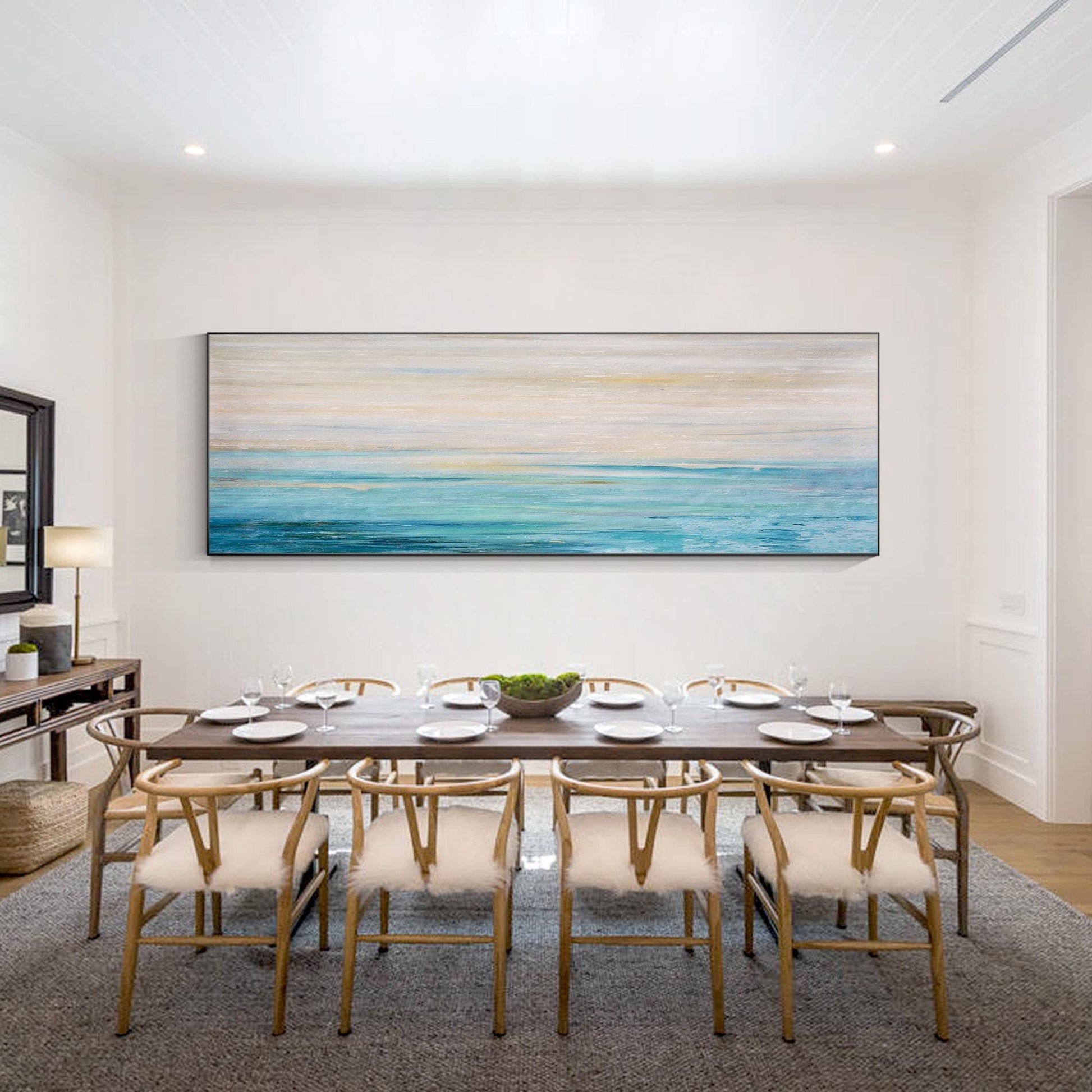 Blue Ocean Abstract Painting, Long Horizontal Seascape Canvas Wall Art, Textured #1