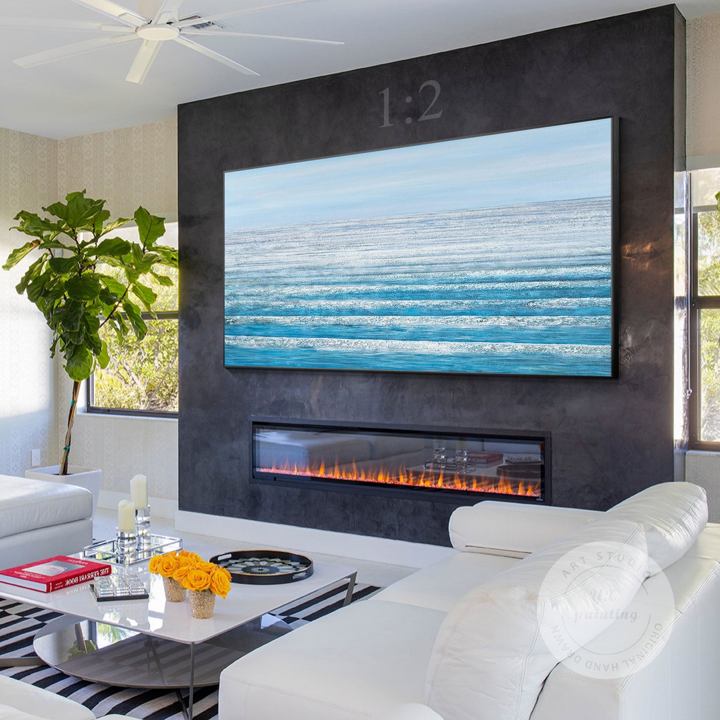 Blue Ocean Landscape Painting On Canvas Original, Seascape Painting Horizontal W #2