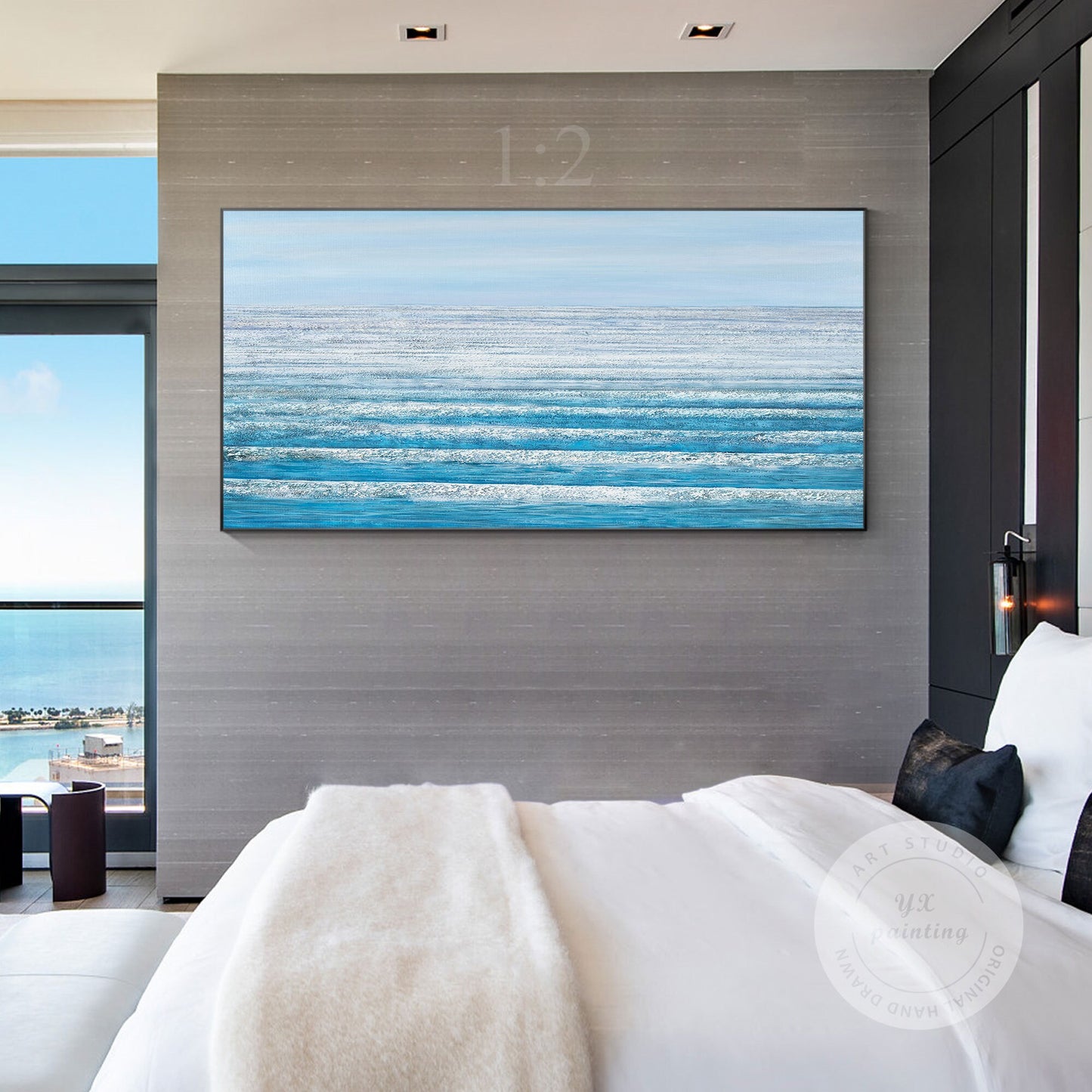 Blue Ocean Landscape Painting On Canvas Original, Seascape Painting Horizontal W #3