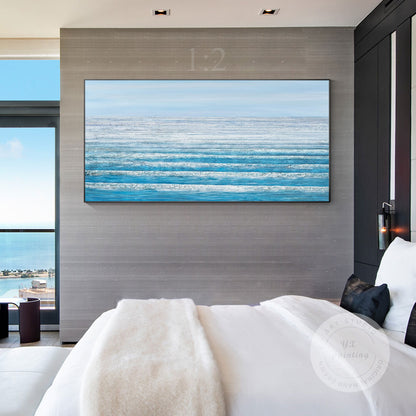 Blue Ocean Landscape Painting On Canvas Original, Seascape Painting Horizontal W #3
