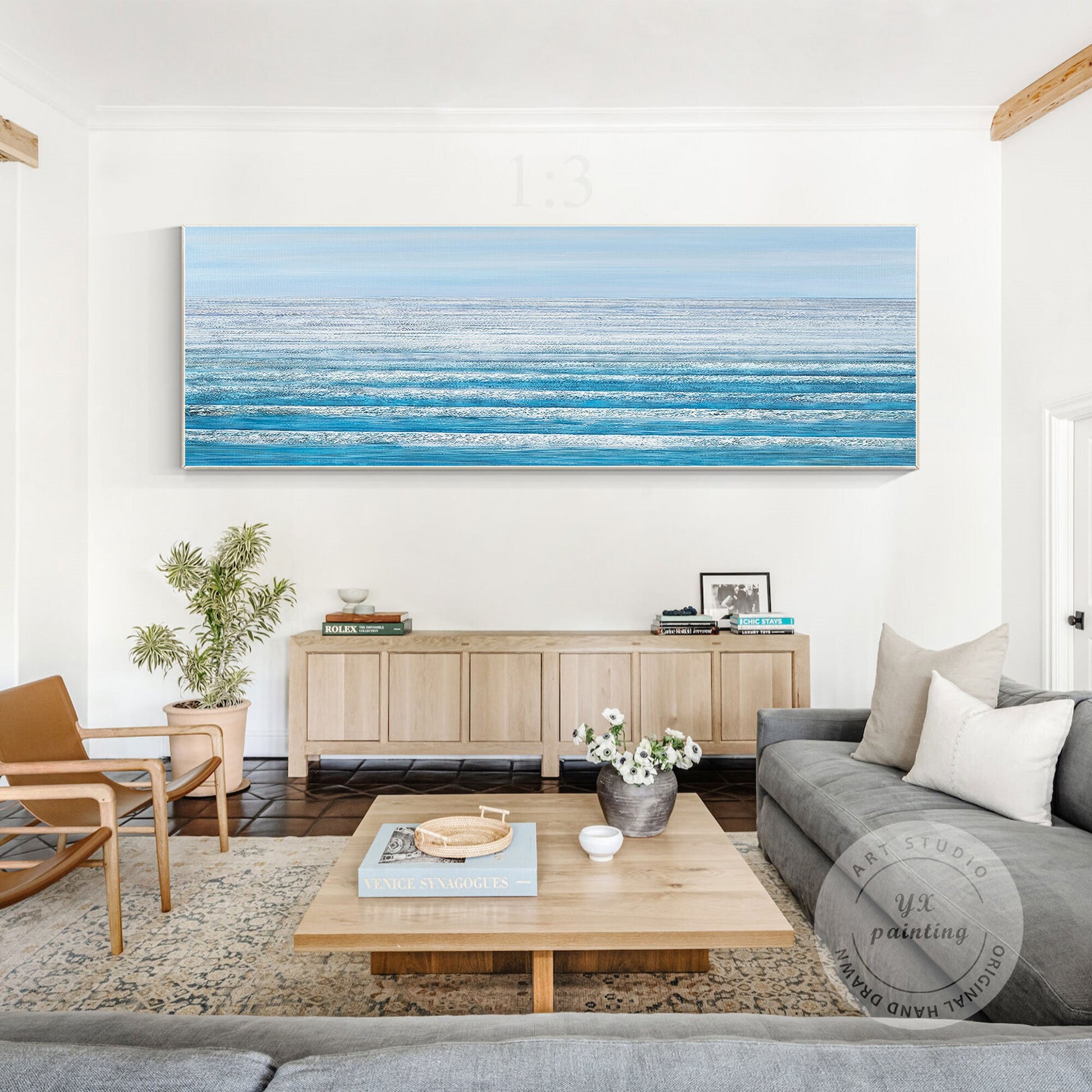 Blue Ocean Landscape Painting On Canvas Original, Seascape Painting Horizontal W #4