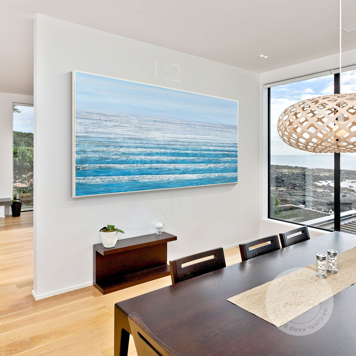 Blue Ocean Landscape Painting On Canvas Original, Seascape Painting Horizontal W #1