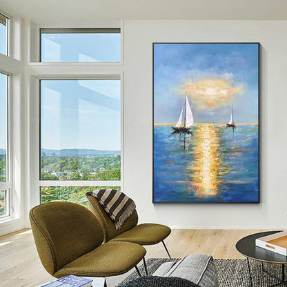 Blue Ocean Sailboat Painting: Gold Sun Abstract Seascape, Textured Canvas #2