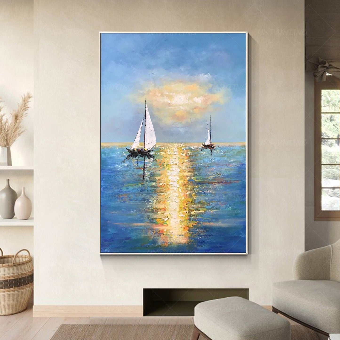 Blue Ocean Sailboat Painting: Gold Sun Abstract Seascape, Textured Canvas #3