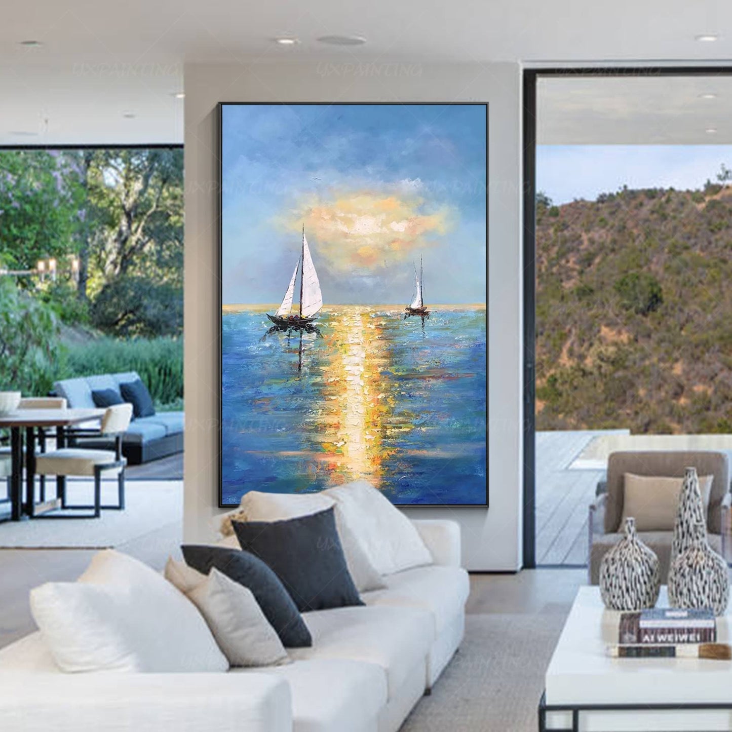 Blue Ocean Sailboat Painting: Gold Sun Abstract Seascape, Textured Canvas #4