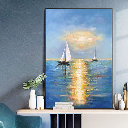 Blue Ocean Sailboat Painting: Gold Sun Abstract Seascape, Textured Canvas #5