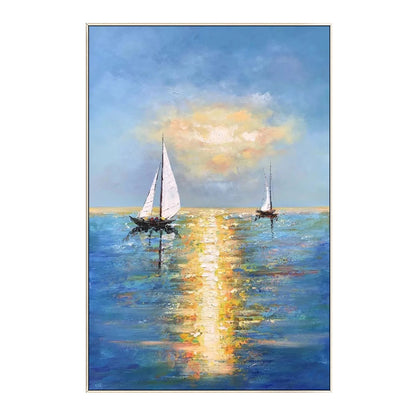 Blue Ocean Sailboat Painting: Gold Sun Abstract Seascape, Textured Canvas #7