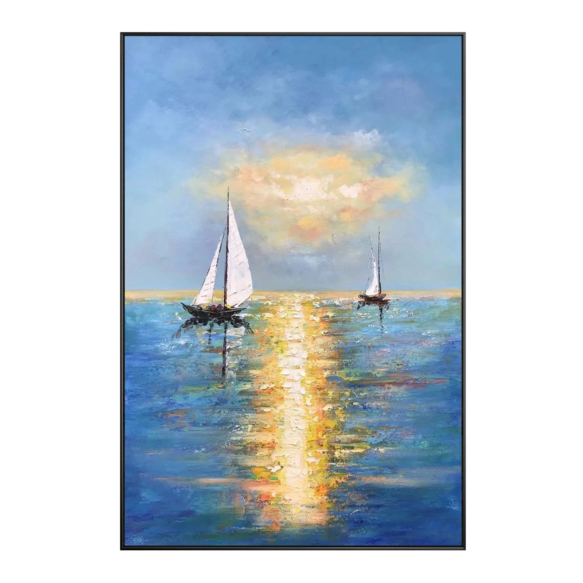 Blue Ocean Sailboat Painting: Gold Sun Abstract Seascape, Textured Canvas #8