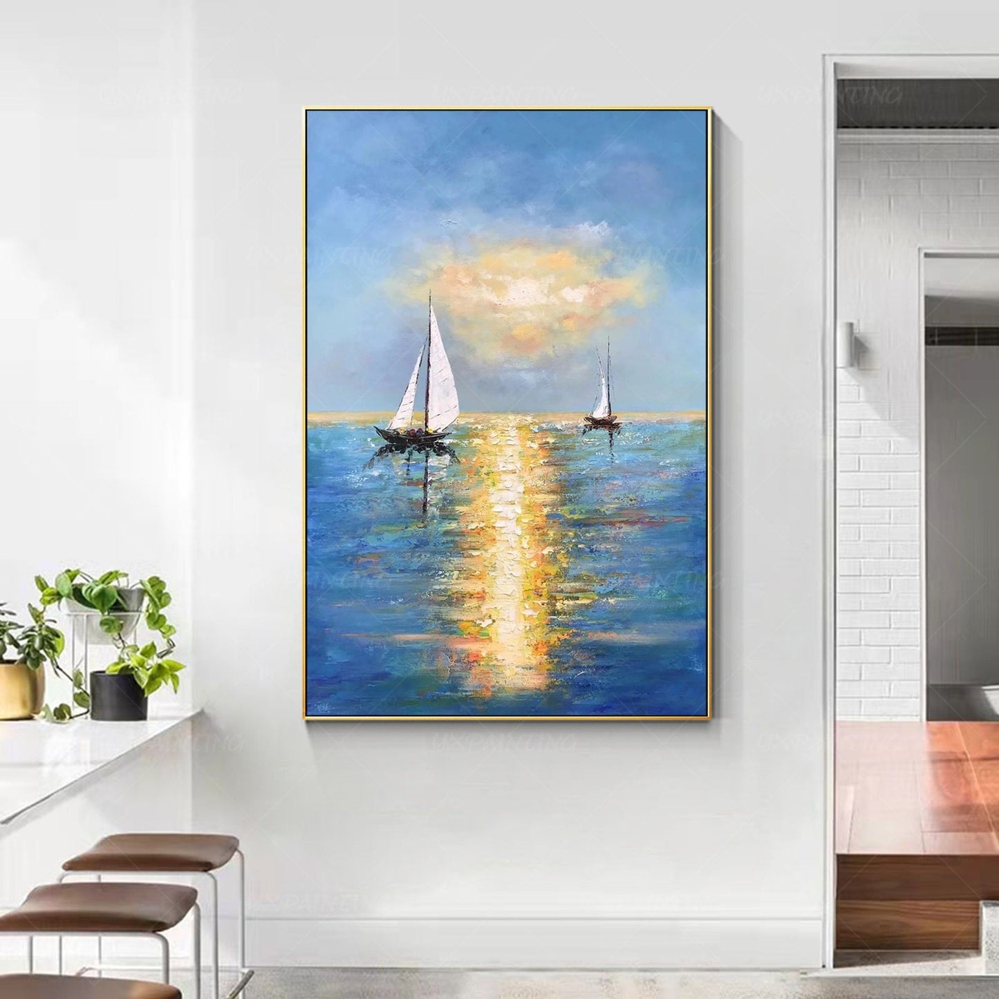 Blue Ocean Sailboat Painting: Gold Sun Abstract Seascape, Textured Canvas #1