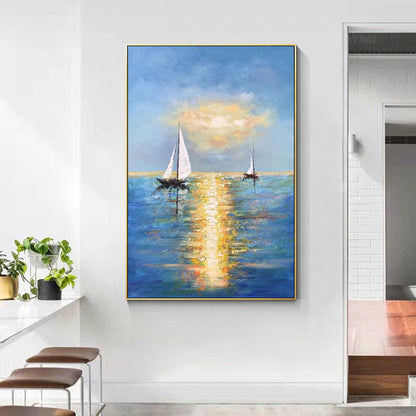 Blue Ocean Sailboat Painting: Gold Sun Abstract Seascape, Textured Canvas #1