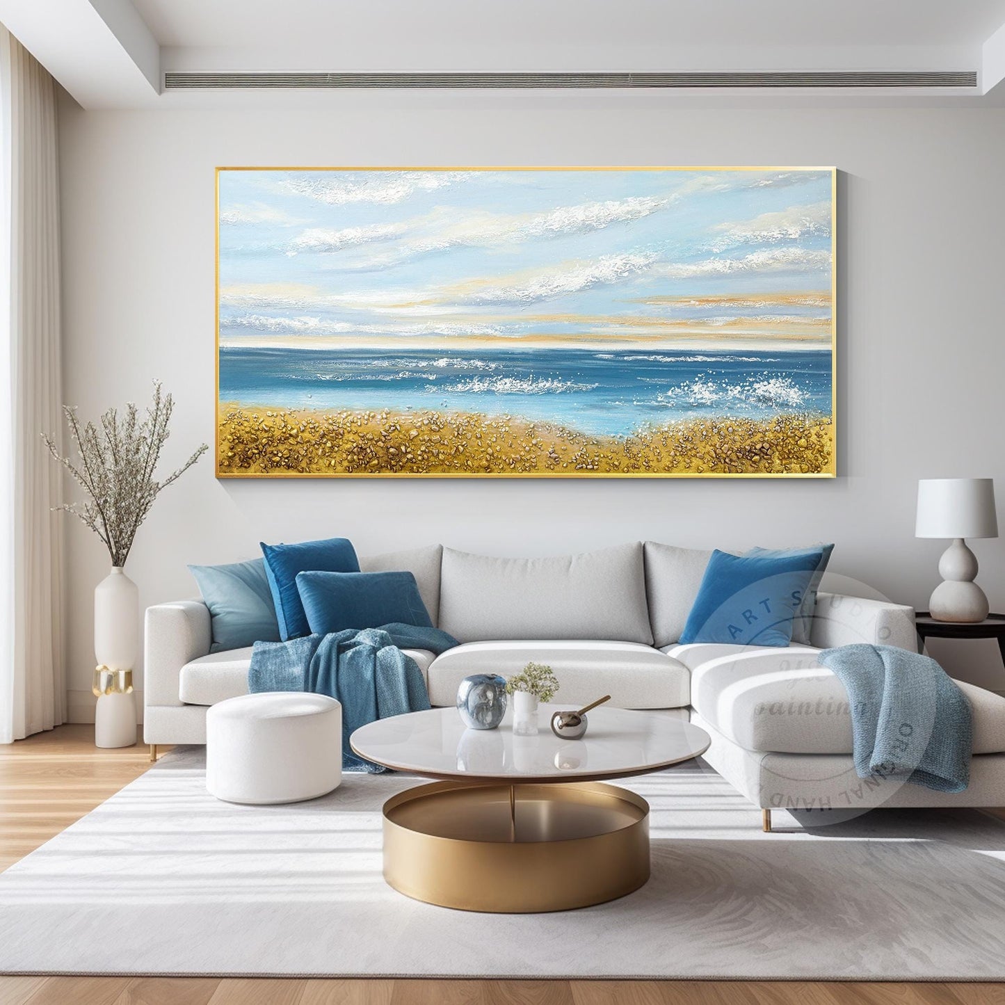 Blue Ocean Sky goud zand zeegezicht origineel schilderij op canvas, extra grote  #11