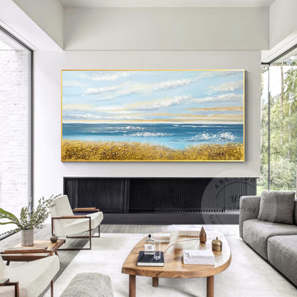 Blue Ocean Sky goud zand zeegezicht origineel schilderij op canvas, extra grote  #13