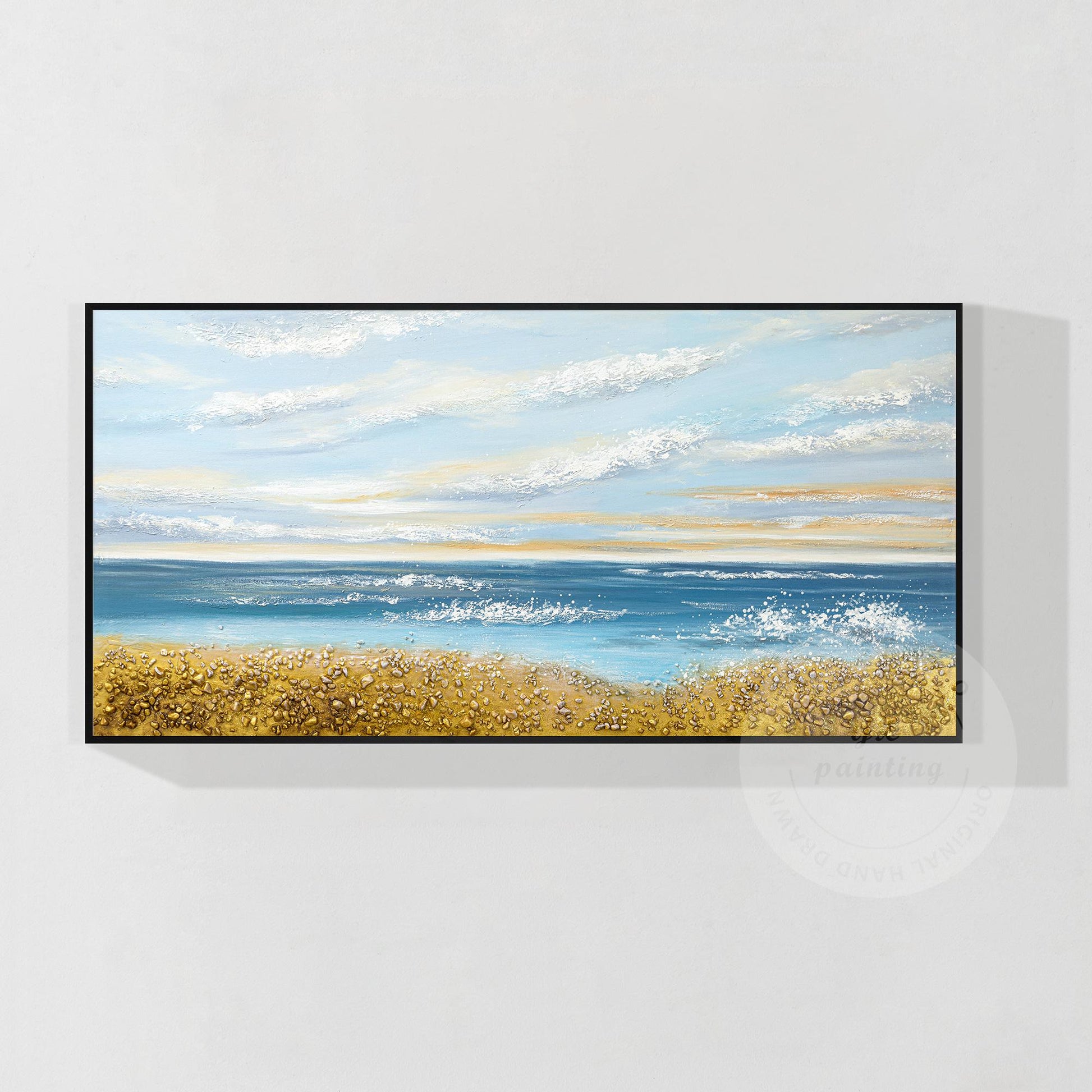 Blue Ocean Sky goud zand zeegezicht origineel schilderij op canvas, extra grote  #18